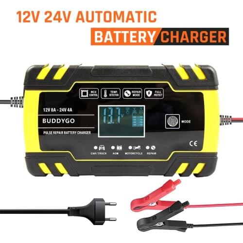 FOXSUR 24V 8A Car Charger,12V 4A Pulse Repair Motorcycle Battery Charger,AGM GEL WET EFB Lead Acid High Power With LCD Display