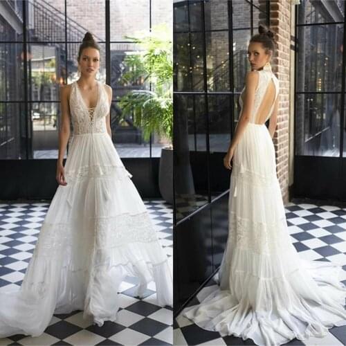2020 Gorgeous Wedding Dresses Deep V Neck Aplliques Lace Wedding Gowns Custom Made Hollow Back Sweep Train A Line Bridal Dress