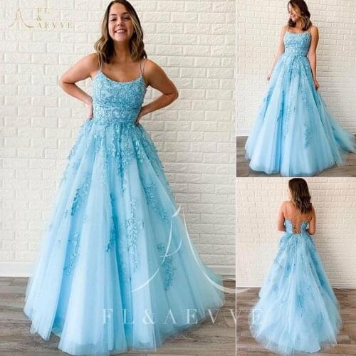 Fashion Sky Blue Tulle Spaghetti Straps Evening Dresses Backless Cross Straps Prom Party Gowns Appliques Formal Dress Plus Size