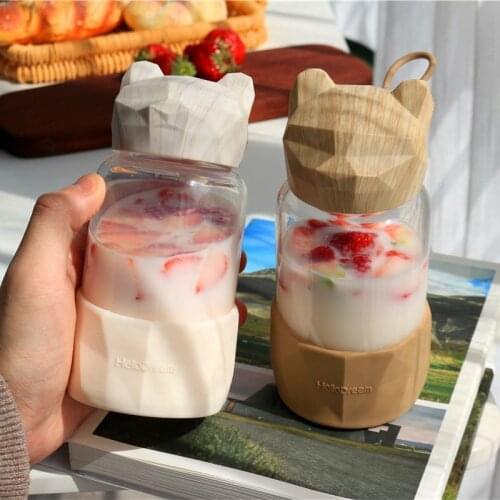 340ML Bear Crystal Glass Portable Heat Resistant Stylish Transparent Milk Juice Cup Wood Grain Water Bottle