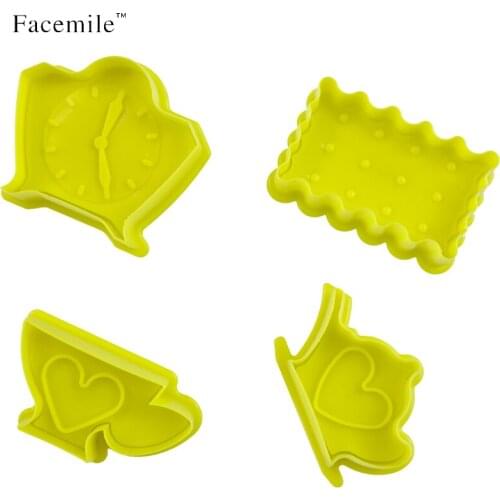 2017 New 4pcs Fondant Biscuit Stamp Afternoon Tea Time Cookie Cutter Plunger Cutter Pie Crust Mold Biscuit Bakeware Cake Tool