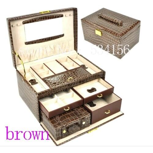 Free shipping 3 layers brown luxurious leather jewelry box earrings jewelry packaging display box gift box (28.5 * 19 * 16 cm)
