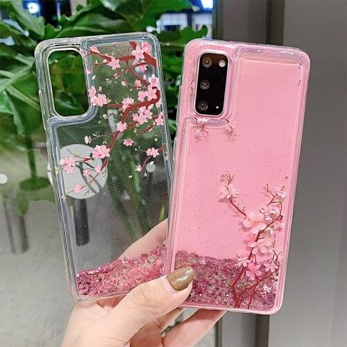 Liquid quicksand Pink love heart Sequins flowers case For Galaxy samsung S30 Ultra S20 UD S10 S9 S8 Plus Note 20 plus 10 pro 9 8