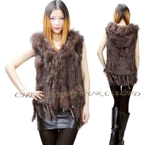 CX-G-B-97A Real Rabbit Fur Vest Hooded With Raccoon Fur Trim ~ DROP SHIPPING