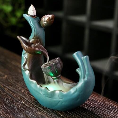 Ceramic Antique LED Lotus Backflow Incense Burner Smoke Waterfall Censer Incense Holder Home Office Decor Incense Stick