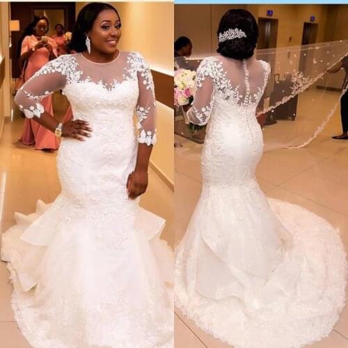 Illusion Neck Lace Mermaid Wedding Dresses Lace Back Sexy Wedding Dresses 2021 Plus Size Bride Gown Robe De Mariee
