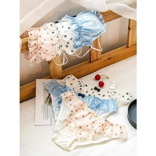 Cute Stars Printing Womens Japanese Bra & Panties Set Chiffon Wirefree Soft Underwear Comfortable Sleep Intimates Set Lolita