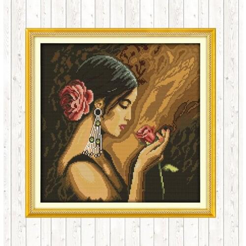 Rose Girl Patterns Count Cross Stitch Kits 14ct Printed on Canvas Embroidery Kit DMC DIY Needlework 11ct Handmade Decor Painting