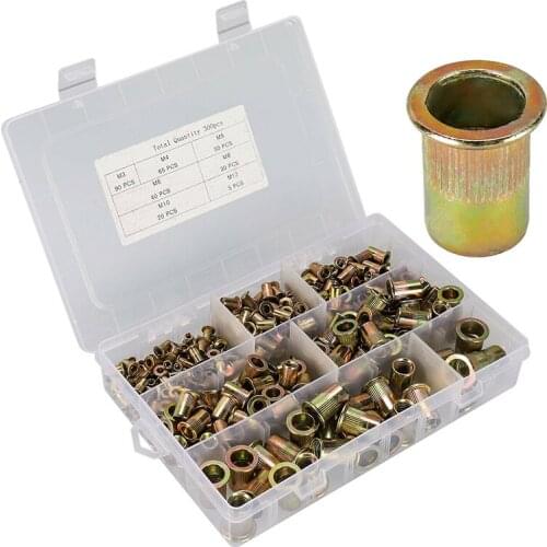 M3-M12 Flat Head Rivet Nuts Set Hardware Parts 300PCS Rivet Nut Assortment Kit Carbon Steel Zinc Plated Multi Size Sleeve Nuts