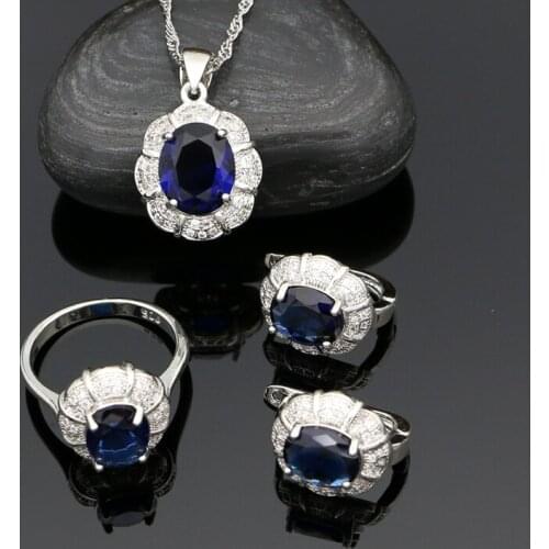 Silver 925 Jewelry Sets Blue Sapphire White Crystal Stud Earrings Ring Pendant Necklace Set For Women Wedding Accessories