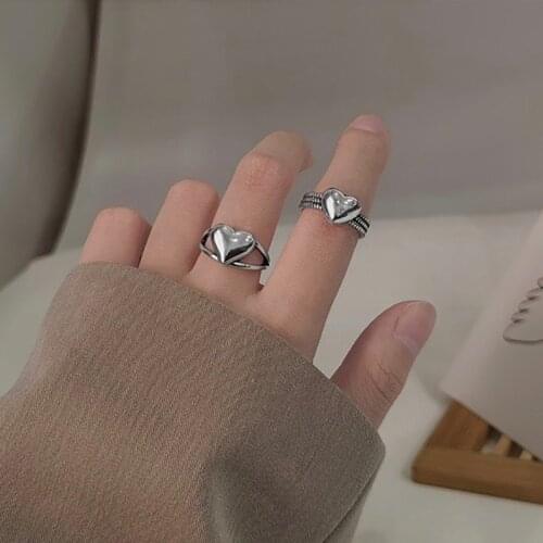 Retro Heart-shaped Antique Simple Love Chain Twist 925 Sterling Silver Adjustable Rings For Women Minimalist Delicate Jewelry