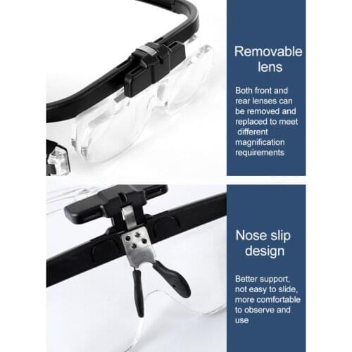 13MA Headband Magnifier USB Rechargeable Head Mounted Magnifying Glasses with Removable Lenses 2 LED Lights for Reading Close