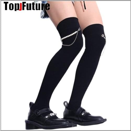 Gothic lolita cosplay stockings Harajuku stockings childrens Black Punk uniform SMILE style socks with Pearl chain