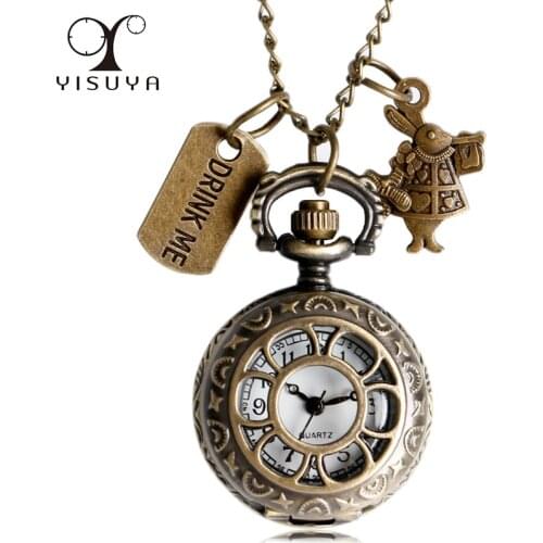 Vintage Retro Hollow Flower Pocket Watch Alice in Wonderland Drink Me Rabbit Half Hunter Necklace Exquisite Fob Watch Gifts