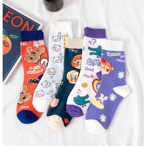Japanese Cartoon Cute Harajuku Socks Women Bear Mid-length Fruit Animal Kawaii Korean Girl Cotton Rabbit Cat Plaid Funny Socks