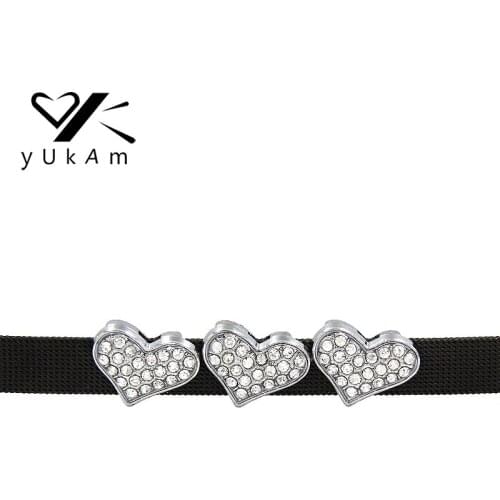 YUKAM Jewelry Full Crystal Rhinestone Heart Slide Charms for 10mm Leather Wrap Wristband Mesh Bracelet Bangle Accessories Making