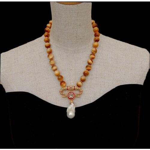 YYGEM Cubic Zirconia Pave White Keshi Pearl Pendant 18" Natural 12mm Smooth Round Yellow Tiger Eye Necklace