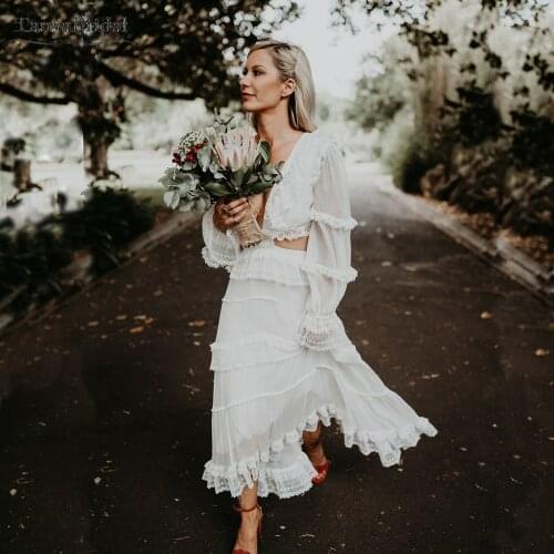 Groovy Maxi Wedding Dresses V-Neck Backless High Low Tiered Skirt Bridal Gowns Long Sleeve A Line Vestido de Noivas DW454