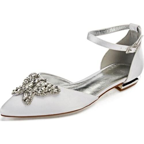 Pointed toe lady satin evening dress flat shoes wedding flats with 3D Crystal butterfly bridal bridesmaid girls brithday party