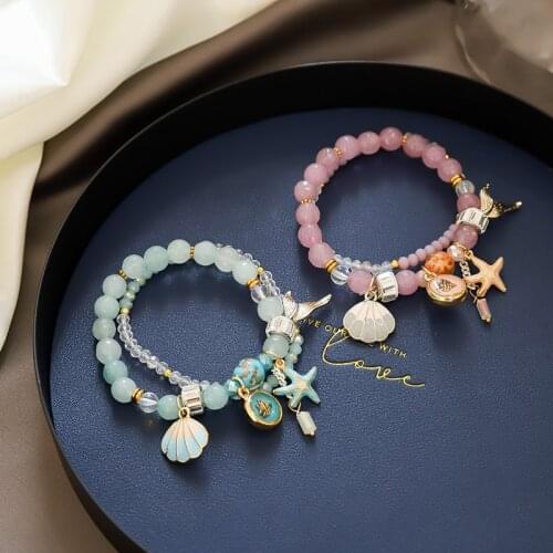 Summer Beige Purple blue Starfish Shell Mermaid Tail Crystal Charm Beaded Bracelets for Women Girls Fashion Jewelry Gift YBR269
