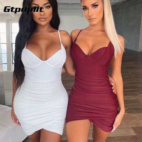 Gtpdpllt Spaghetti Strap V Beck Bodycon Dresses Women Ruched Skinny Backless White Mini Club Party Dress Sheath Vestidos Female