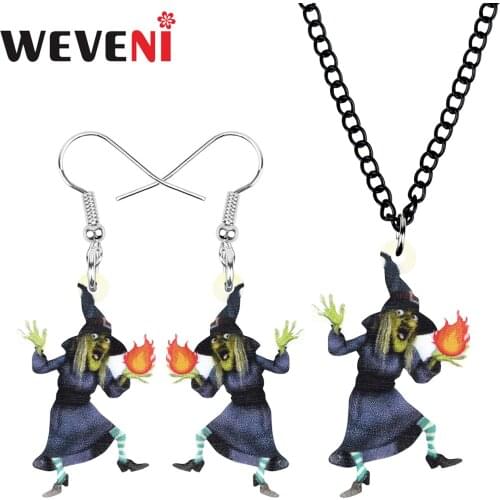 WEVENI Acrylic Halloween Magic Witch Jewelry Sets Print Long Necklace Earrings For Women Girls Classic Festival Gift Jewellery