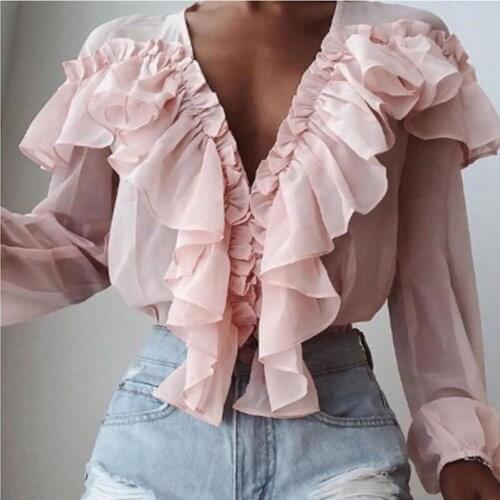 Women Chiffon Top Solid Color V-Neck Ruffle Trim Shirts Pink Color Sweet Long Sleeve Loose Womens Tops Blusas