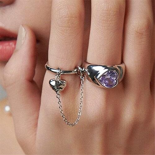 2021 New Personality Purple Love Heart Ring Temperament Open Index Finger Adjustable Chain Rings for Women Girls Fashion Jewelry