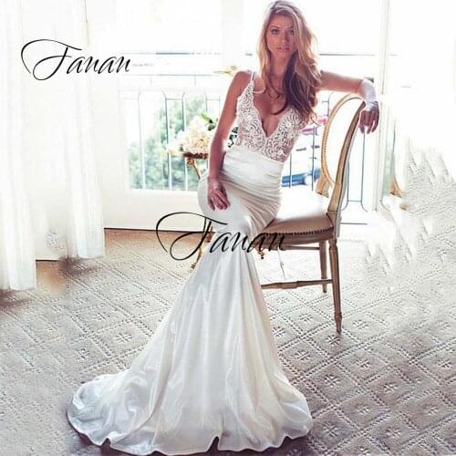 Sexy V-Neck Lace Appliques Backless Wedding Dress Mermaid Spaghetti Straps Bridal Gown vestidos de novia robe de mariée платье