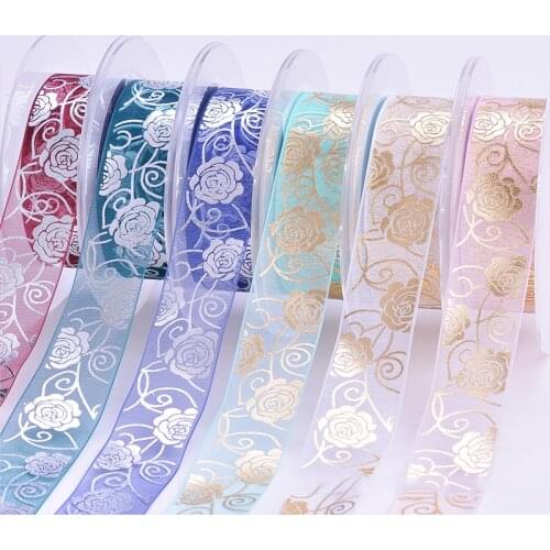 1" 25mm rose gold silver foil printed diy silk ribbon flowers organza gift pack tapes ribbons for wedding decoration 50 yards