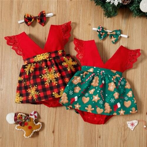 Baywell Xmas Newborn Baby Girl Clothes Lace Ruffle Christmas Tree Print Jumpsuit Headband 2Pcs Sleeveless Outfits for 0-18Months