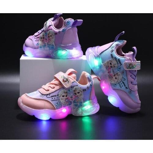 New Disney Girls Princess Cartoon Shoes LED Running Frozen Children Sneakers For Girls Fashion Elsa Anna Sport Shoes