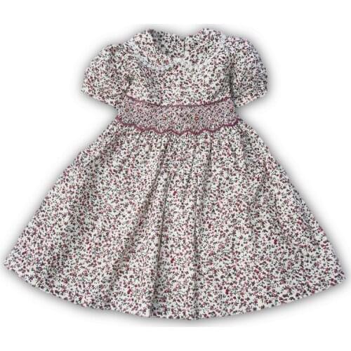 New Summer Kids Floral Printed Short Peter Pan Collar Lace England Handmade Smock Belt Bowknot Girls 3-7yrs Princess Dresses