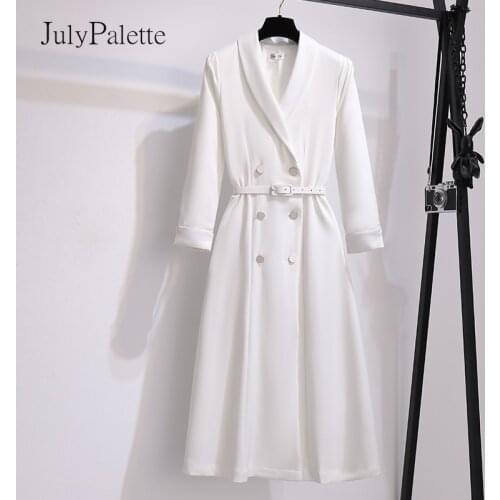 JulyPalette Elegant Office Ladies Notched Blazer Dress 2021 New Full Sleeve Button Dress with Belt Autumn Female Long Dress