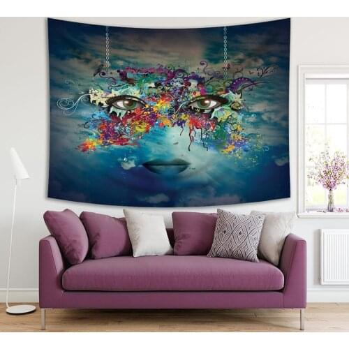 Tapestry Cloudy Sky Spring Floral Background with Woman Face Abstract Decorating Artwork Blue Purple Yellow
