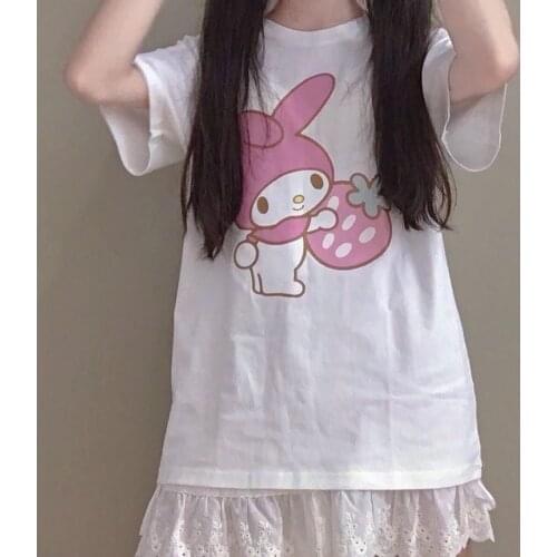 Kawaii Cute White Cartoon Print T-Shirt Loose Summer Oversize Female Tops Tees Funny Japan Harajuku O-Neck Student T Shirt Femme