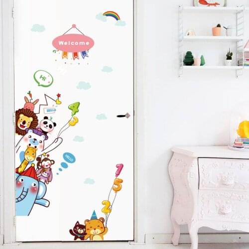 Cute Cartoon Animals Wallpaper Hi Welcome Door Sticker Kids Living Room Bedroom Home Decoration TV Background Wall Mural