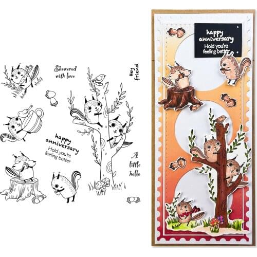 Cute Squirrel Climbing Tree Cutting Dies and Stamps Templates for DIY Scrapbooking Album Transparent Silicone Decorative Stamps