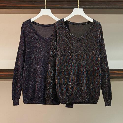 Fashion Shiny Thin Knit Top For Women 2021 Autumn New Oversized Long Sleeve V-neck Casual Ladies Knitted Sweater Trend e245