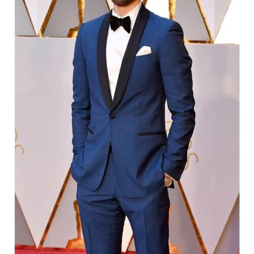 Two Piece blue Wedding Groom men Tuxedo suit Black Shawl Lapel Custom Made Evening Party Mens smoking Suits Jacket+pants