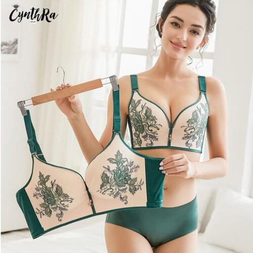 CYNTHRA Underwear Womens Sexy Large Size Exquisite Embroidered Without Underwire Gathered Push Up Adjustable Thin Lingerie
