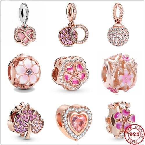 New 925 Sterling Silver Sparkling Freehand Heart petal Bead Charms Rose Gold Fit Pandora charm Bracelets Women DIY Jewelry