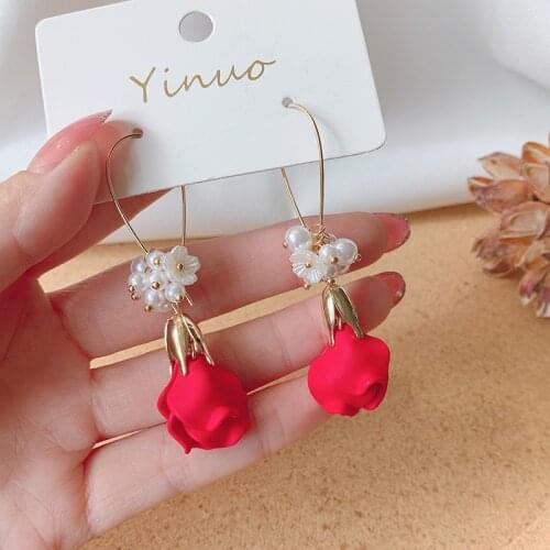 New Fashion Pearl Rose Petal Long Alloy Earrings, Womens Temperament Net Red Jewelry