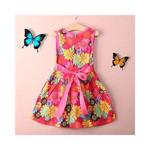 Toddler Kids Girls Summer Princess Floral Lace Pierced Party Dress Sun Flowers Printing Girls Casual Dresses Age 2-7Y