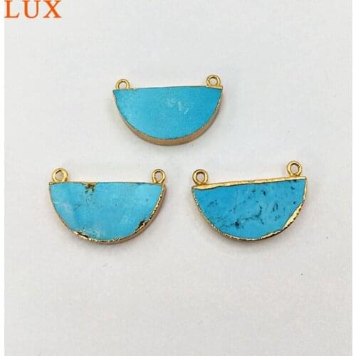 Wholesale Gold Plating Moon Natural turquoises Stone Connector pendant with Double Bails Beads Charms