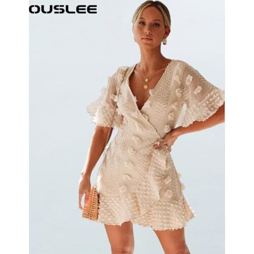 OUSLEE Sexy V Neck Ruffled Womens Dress 2021 Summer Casual A-line Dresses Cotton High Waist Flare Sleeve Elegant Party Dress XL