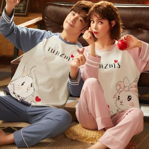Couple Pajamas Set Winter Cotton Long Sleeve Men/Women Sleepwear Fashion Pink Patchwork Cute Rabbit Print Cartoon Women Homewear