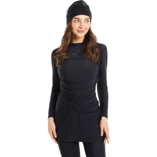 All Black Modest Muslim Swimwear Burkinis Islam Swimsuit Full Coverage Bikini Hijab Beachwear Plus Size Swimwear 3PCS on Sale