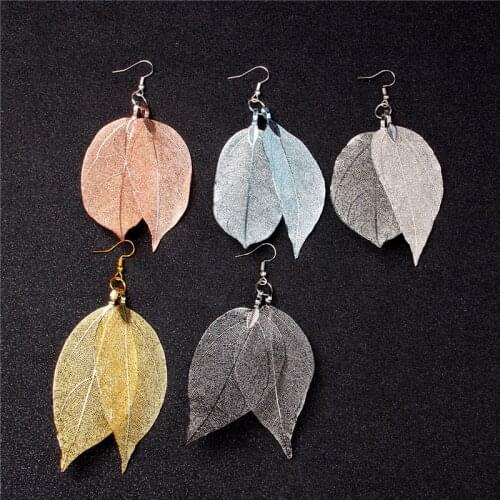 Fashion Natural Double Leaves Earrings For Women Bohemian Plating Multi Color Leaf Eardrop Mori Girl Reiki Exquisite Jewelry