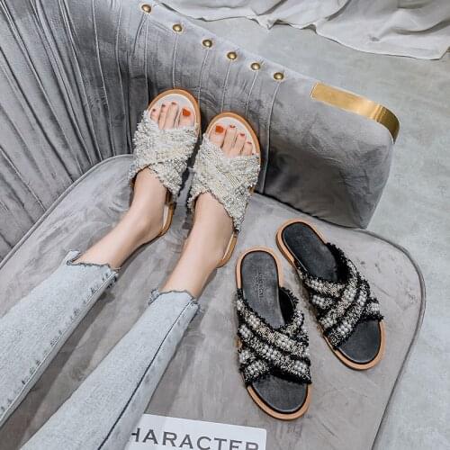 Sequined cloth cross band slippers women luxury pearl flip flops black/white mixed color beading slides beach slides shoes woman